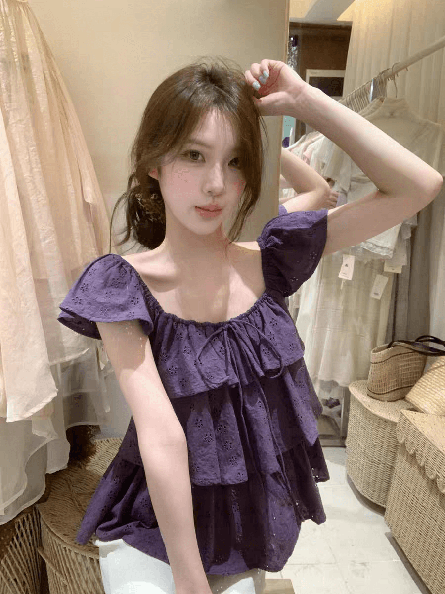 선물 화물 한 부서 품격 분위기 센스 광장 칼라 프릴 자카드 작은 날다 소매 작은 셔츠 루즈핏 맨위 상세 이미지 1