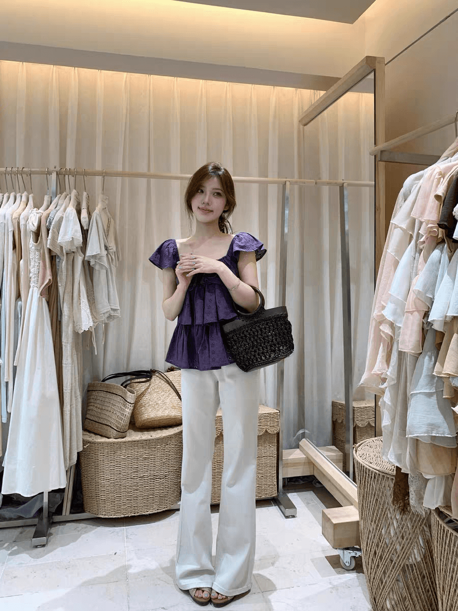 선물 화물 한 부서 품격 분위기 센스 광장 칼라 프릴 자카드 작은 날다 소매 작은 셔츠 루즈핏 맨위 상세 이미지 6