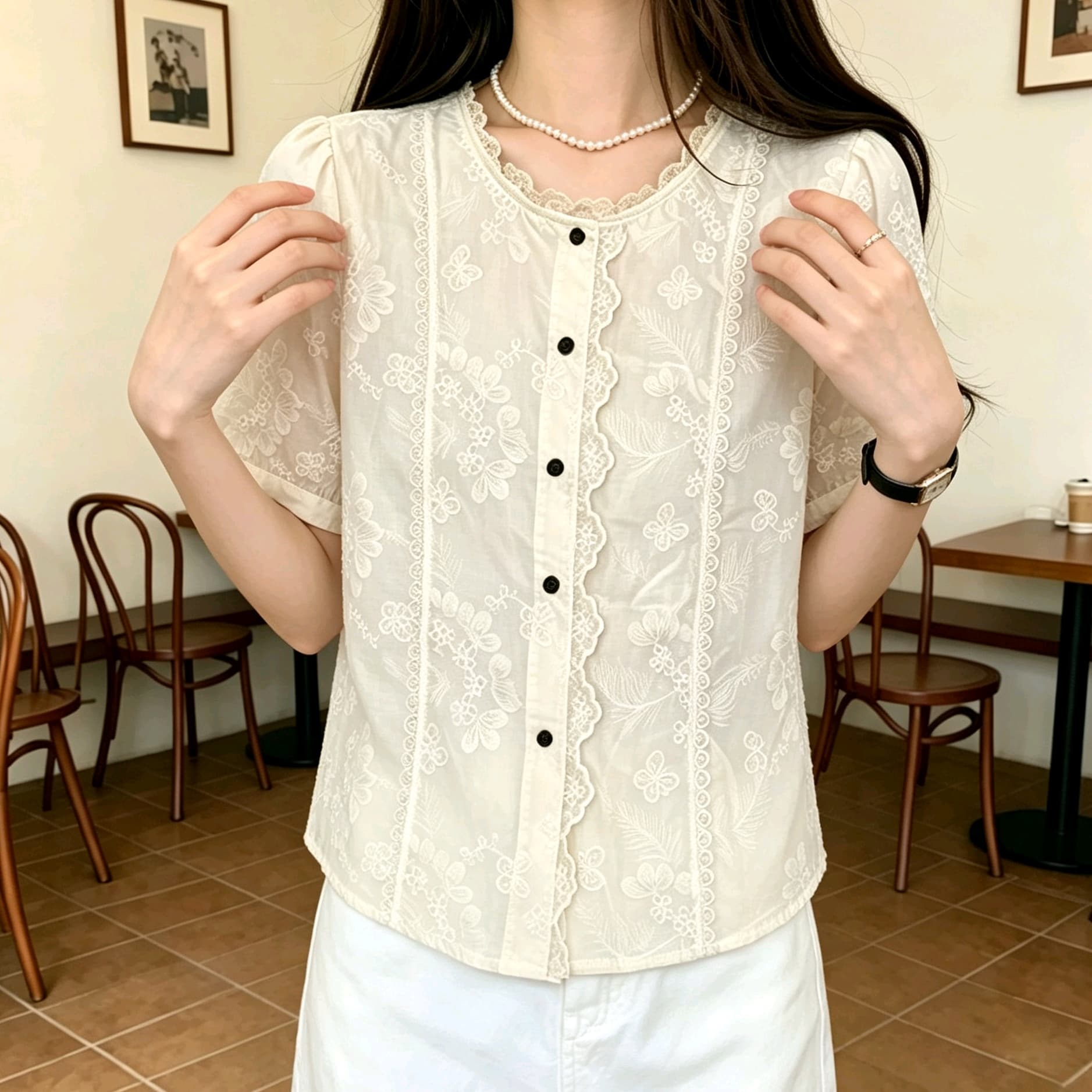 선물 화물 자수 레이스 셔츠 여성용 짧은 소매 작은 셔츠 여름 디자인 센스 순면 셔츠 슬림해 보이는 맨위 상세 이미지 8