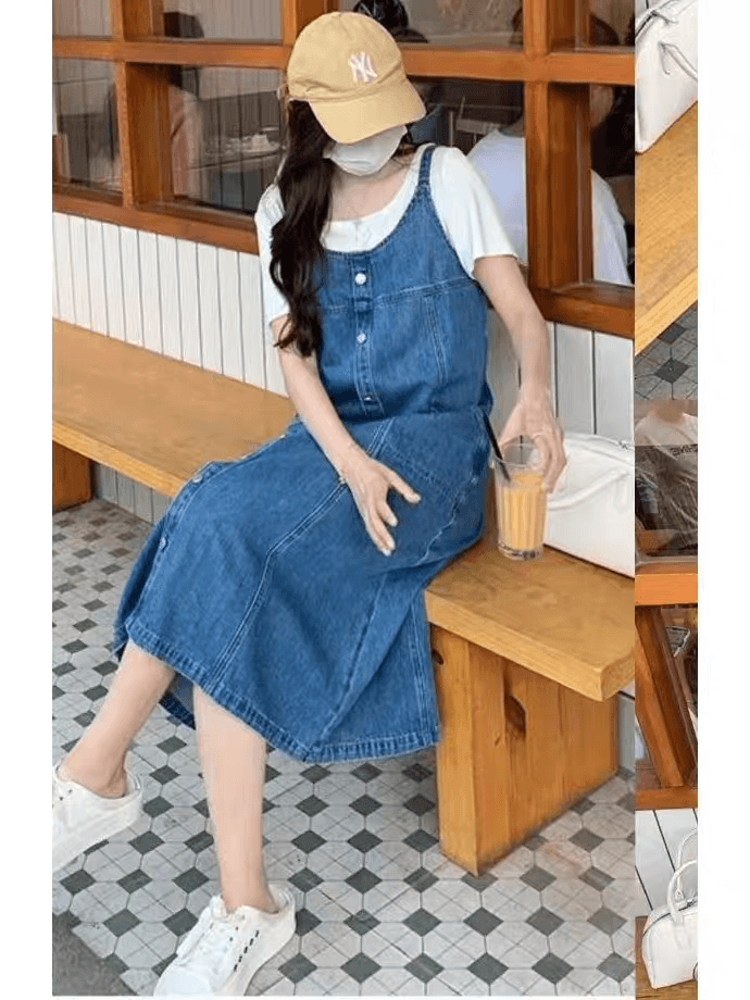 선물 화물 한국 동대문 데님 드레스 루즈핏 빅 사이즈 슬림해 보이는 표지 고기 품격 다용도 중간 길이 상세 이미지 2