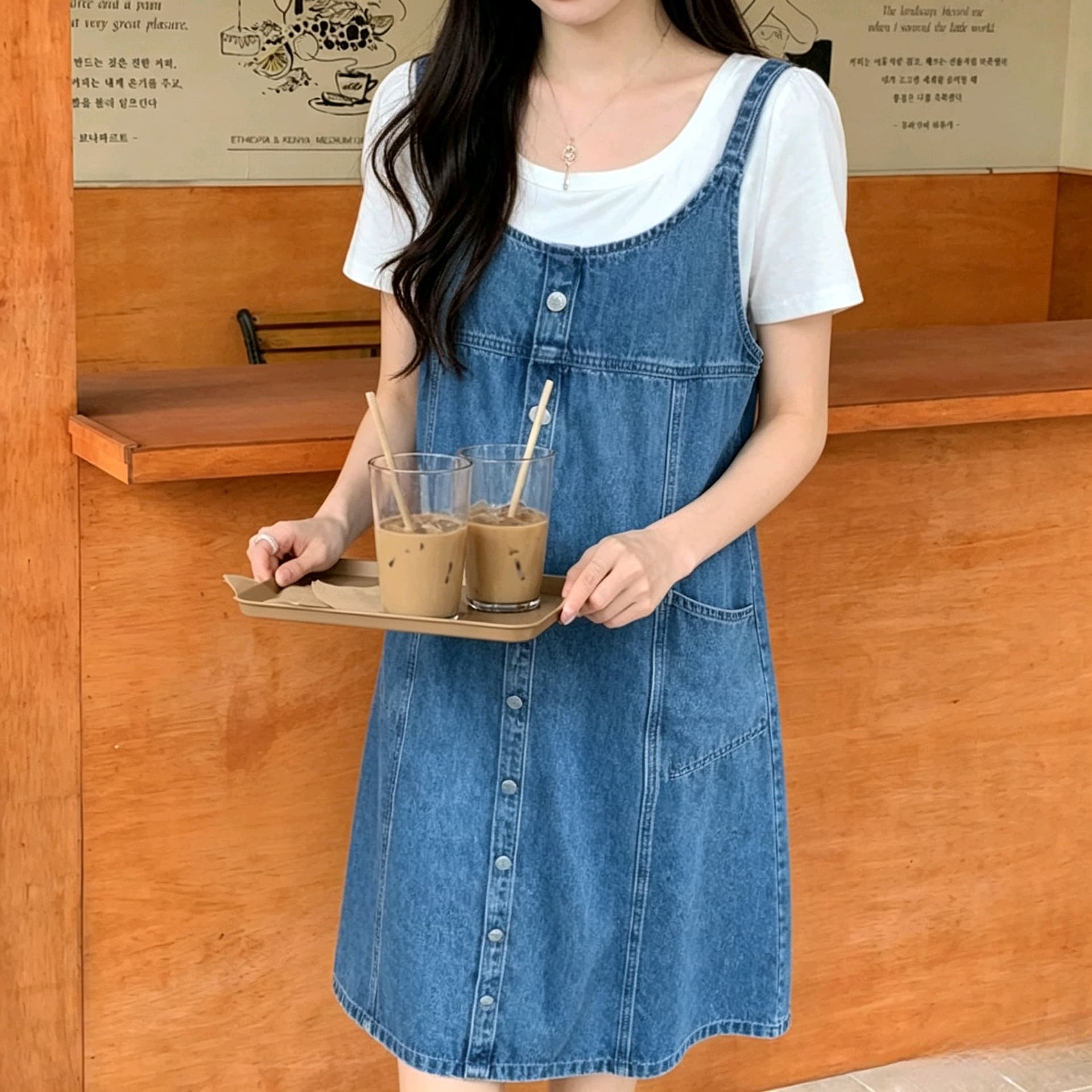 선물 화물 한국 캐주얼 데님 멜빵 여성 드레스 루즈핏 슬림해 보이는 패션 싱글 줄 버튼 슬립 드레스 중간 길이