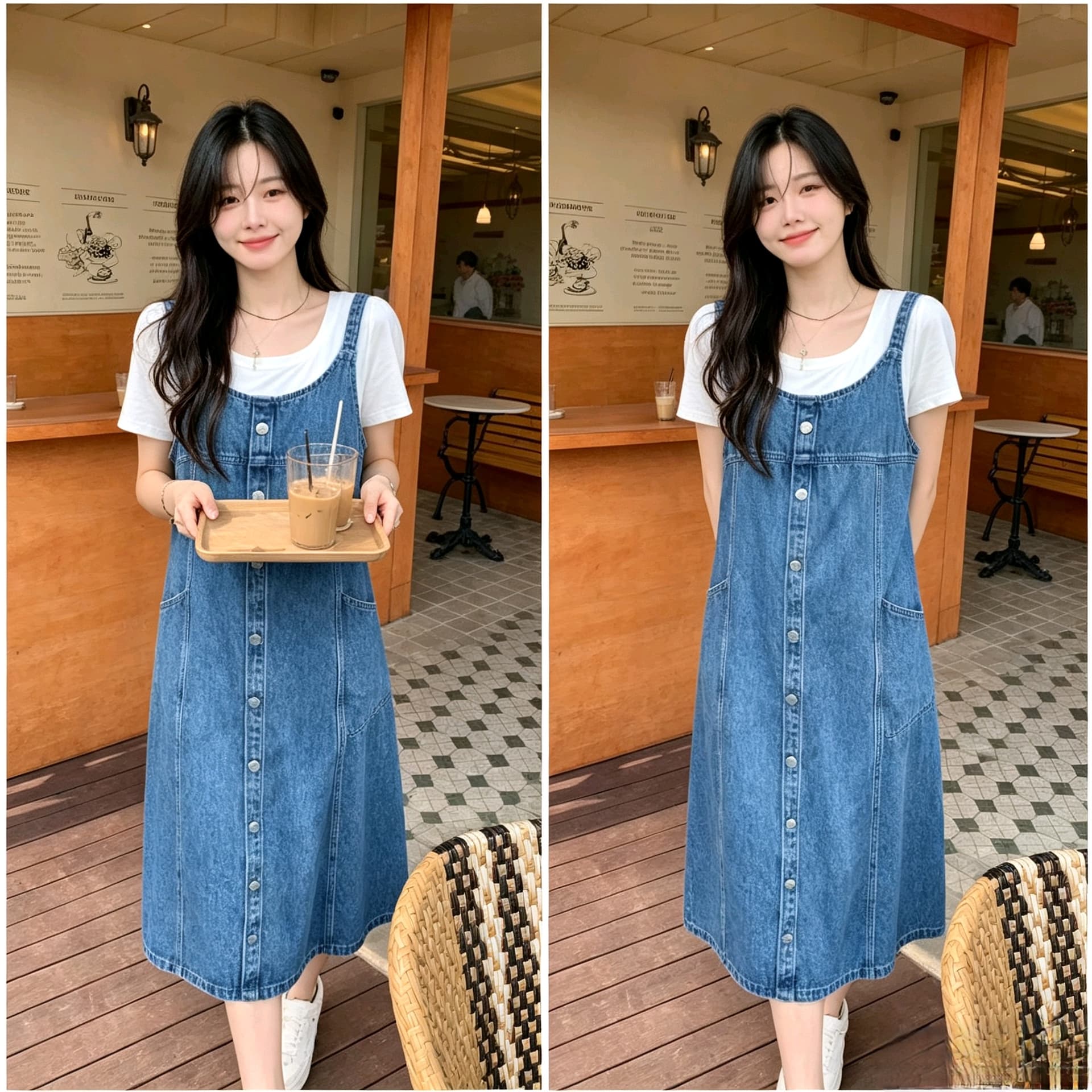 선물 화물 한국 캐주얼 데님 멜빵 여성 드레스 루즈핏 슬림해 보이는 패션 싱글 줄 버튼 슬립 드레스 중간 길이 이미지 5