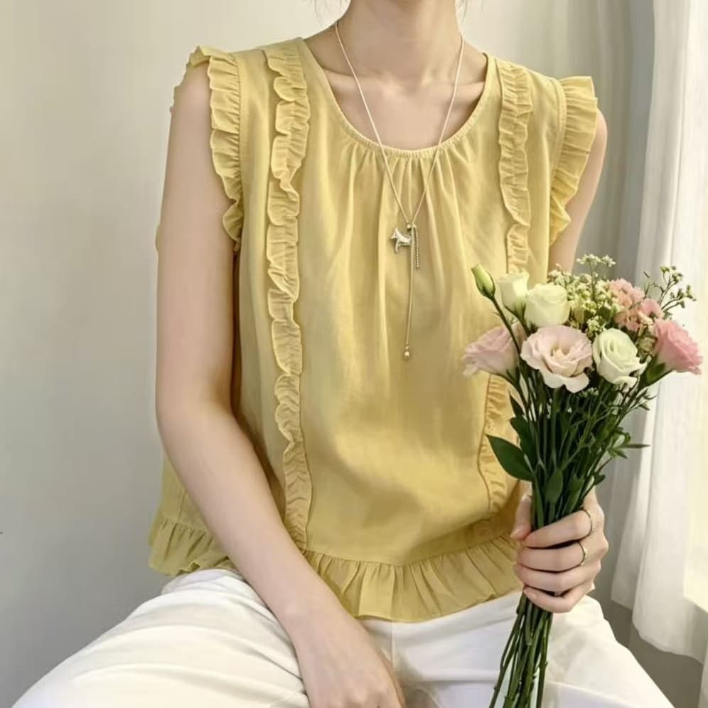 선물 화물 한국 스타일 달콤함 연령 감소 목이버섯 레이스 패치워크 민소매 인형 셔츠 여성 여름 절묘한 맨위 트렌디 상세 이미지 7