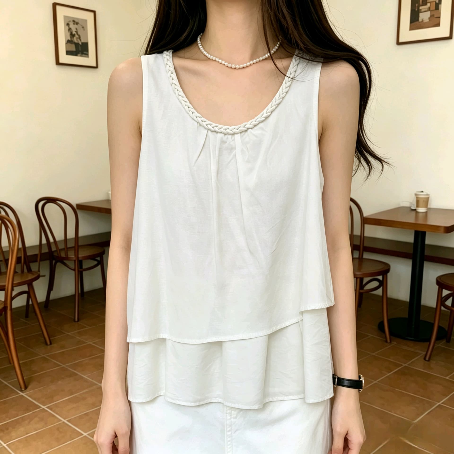 선물 화물 한국 스타일 페이크 레이어드 프릴 민소매 조끼 여성 짜임 라운드 넥 디자인 센스 루즈핏 맨위 상세 이미지 1