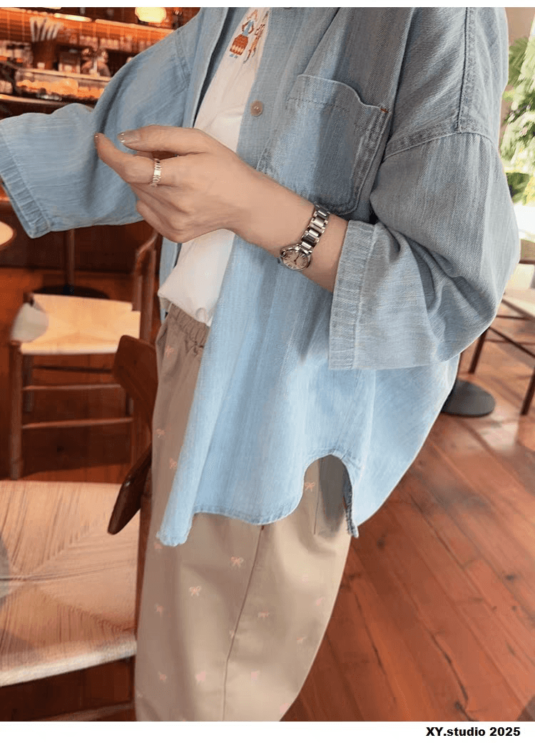 선물 화물 한국 루즈핏 캐주얼 후드 데님 여성 코트 미니멀리즘 얇은 스타일 7부 소매 워싱 블루 맨위 이미지 2