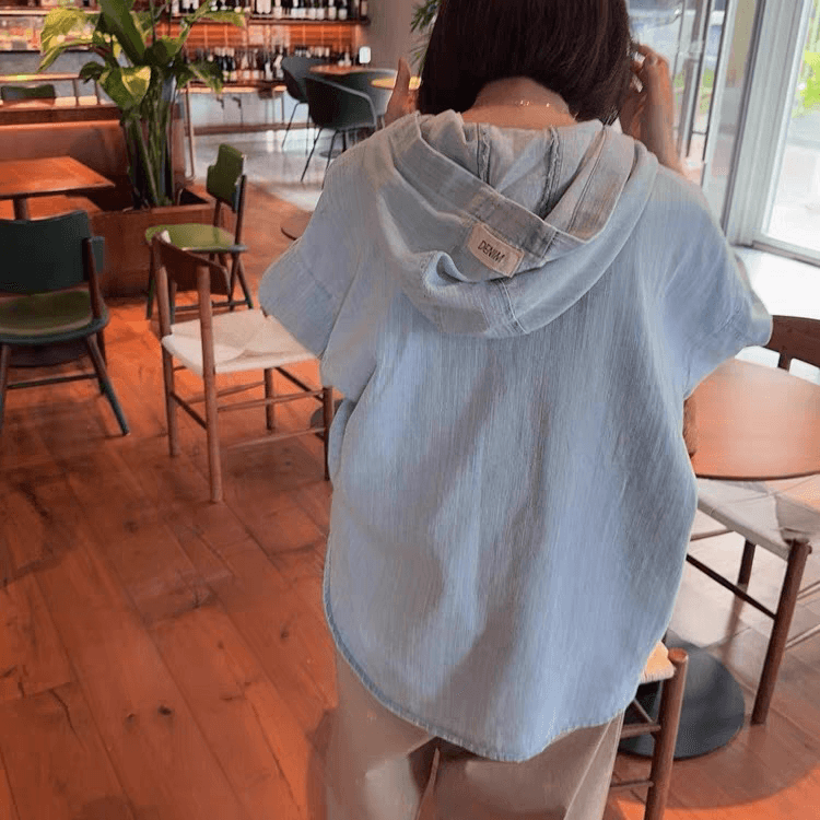 선물 화물 한국 루즈핏 캐주얼 후드 데님 여성 코트 미니멀리즘 얇은 스타일 7부 소매 워싱 블루 맨위 이미지 3