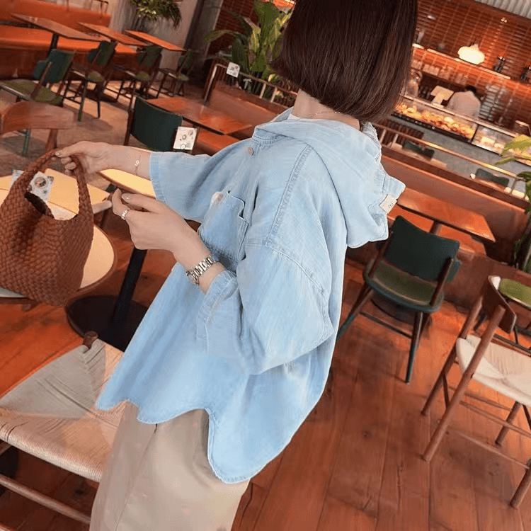 선물 화물 한국 루즈핏 캐주얼 후드 데님 여성 코트 미니멀리즘 얇은 스타일 7부 소매 워싱 블루 맨위 이미지 4