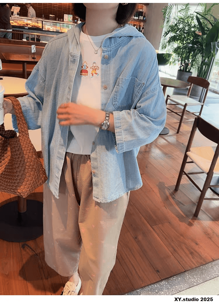 선물 화물 한국 루즈핏 캐주얼 후드 데님 여성 코트 미니멀리즘 얇은 스타일 7부 소매 워싱 블루 맨위 상세 이미지 1