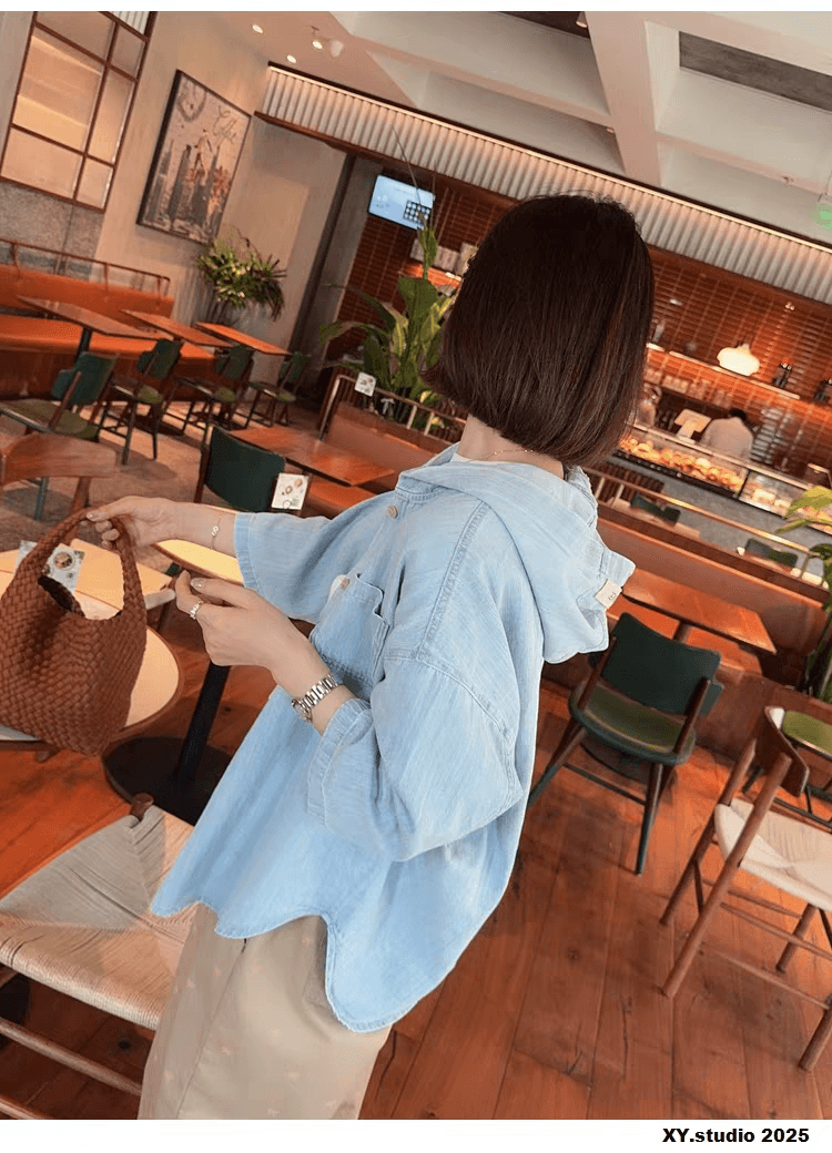 선물 화물 한국 루즈핏 캐주얼 후드 데님 여성 코트 미니멀리즘 얇은 스타일 7부 소매 워싱 블루 맨위 상세 이미지 2