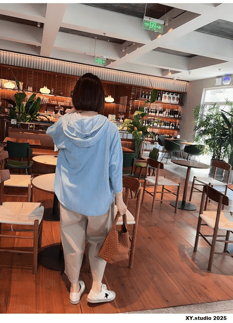 선물 화물 한국 루즈핏 캐주얼 후드 데님 여성 코트 미니멀리즘 얇은 스타일 7부 소매 워싱 블루 맨위 상세 이미지 3