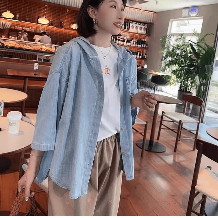 선물 화물 한국 루즈핏 캐주얼 후드 데님 여성 코트 미니멀리즘 얇은 스타일 7부 소매 워싱 블루 맨위 상세 이미지 7