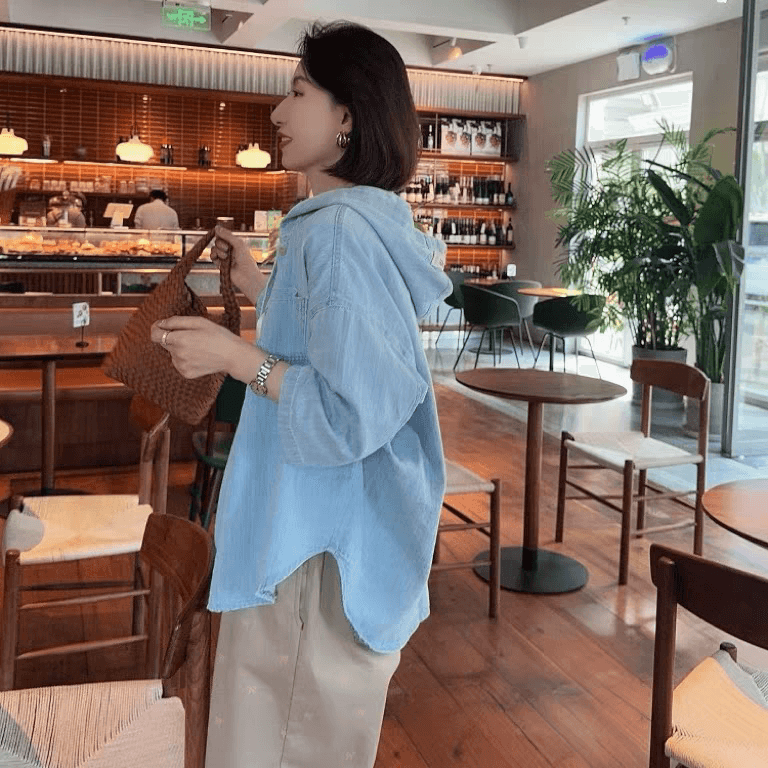선물 화물 한국 루즈핏 캐주얼 후드 데님 여성 코트 미니멀리즘 얇은 스타일 7부 소매 워싱 블루 맨위 상세 이미지 9