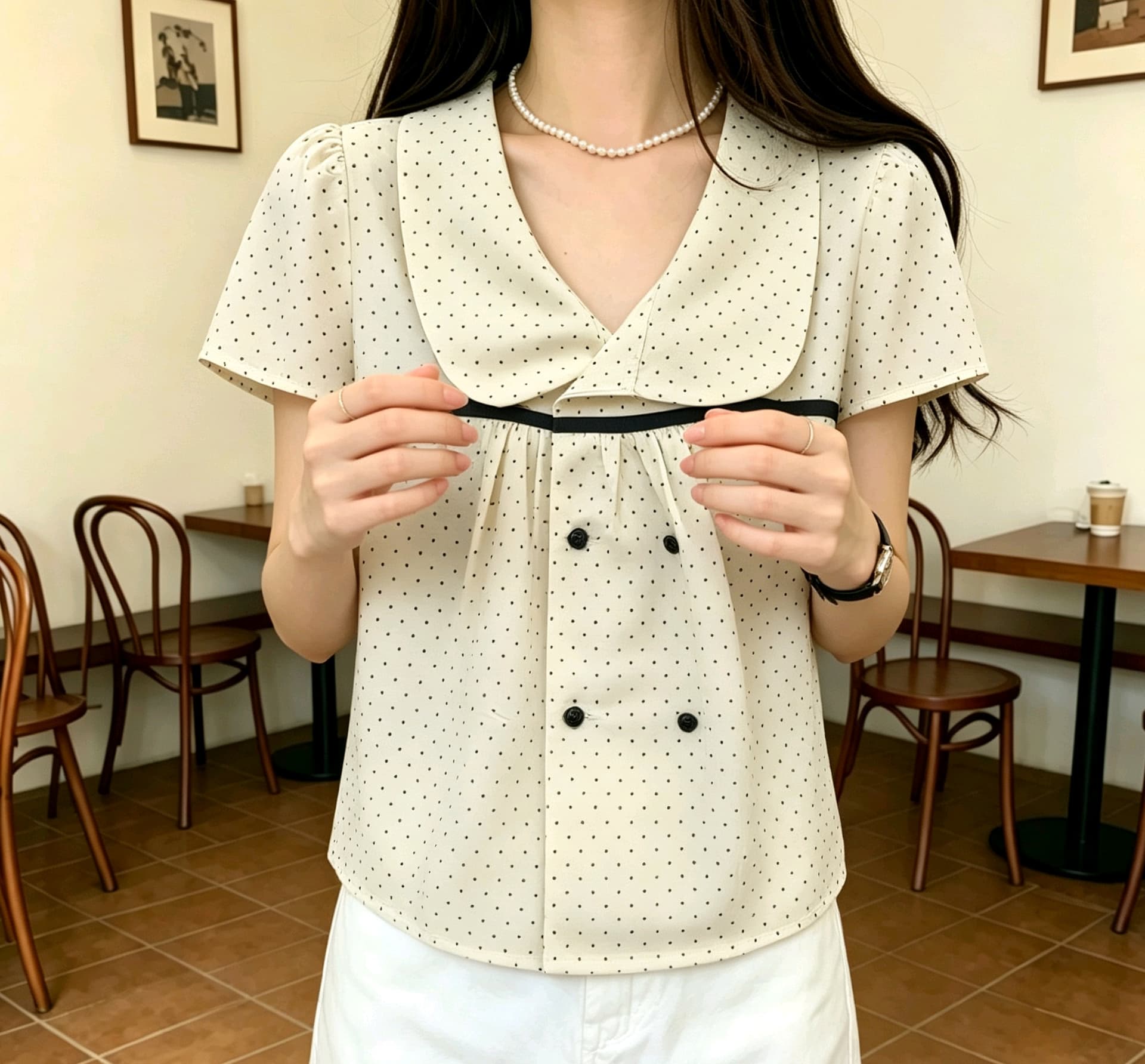 선물 화물 달콤함 베이비 칼라 이중 버튼 도트 무늬 반팔 여성 셔츠 여름 루즈핏 슬림해 보이는 디자인 센스 셔츠 상세 이미지 7