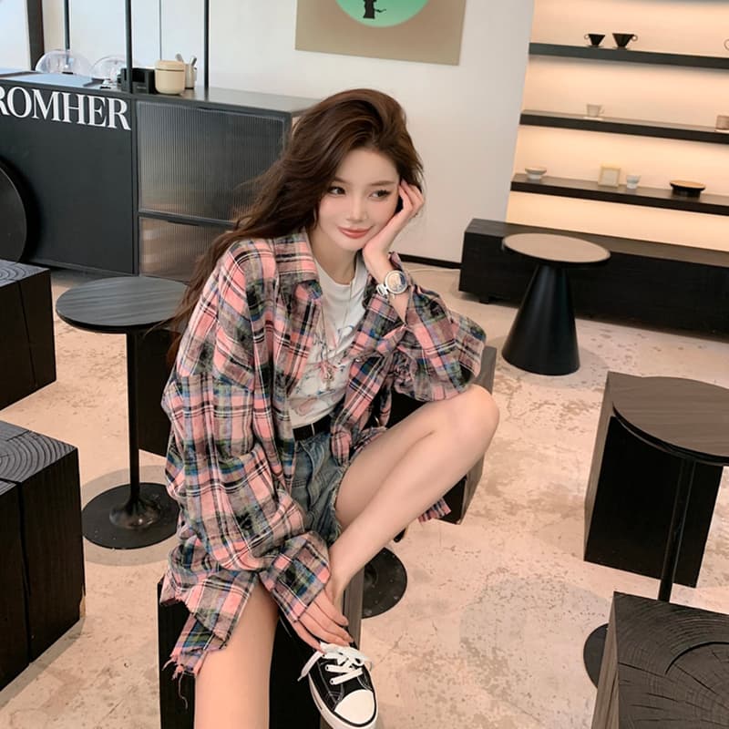 선물 화물 힘 스타일 셔츠 무거운 작업 홀치기 염색 프린트 세련된 루즈핏 가을 어깨 격자 무늬 셔츠