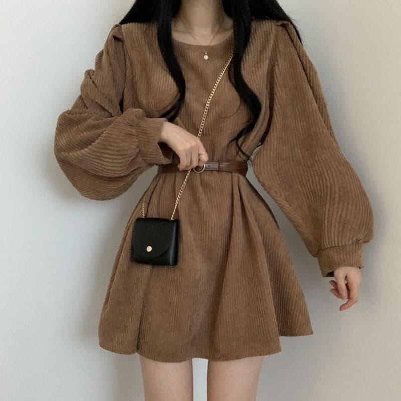 선물 화물 캄파넬라 세과 프랑스식 레트로 작은 키 품격 거품 소매 코듀로이 드레스 여성 의류