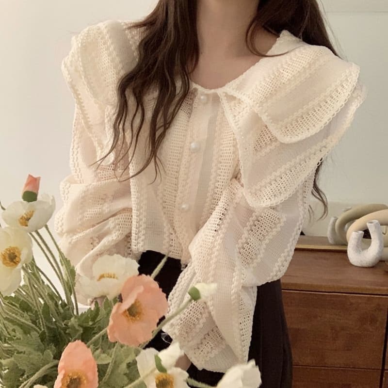 선물 화물 이중층 연꽃 잎 빅 칼라 Chic 진주 버클 루즈핏 벌룬 소매 셔츠 맨위 여성