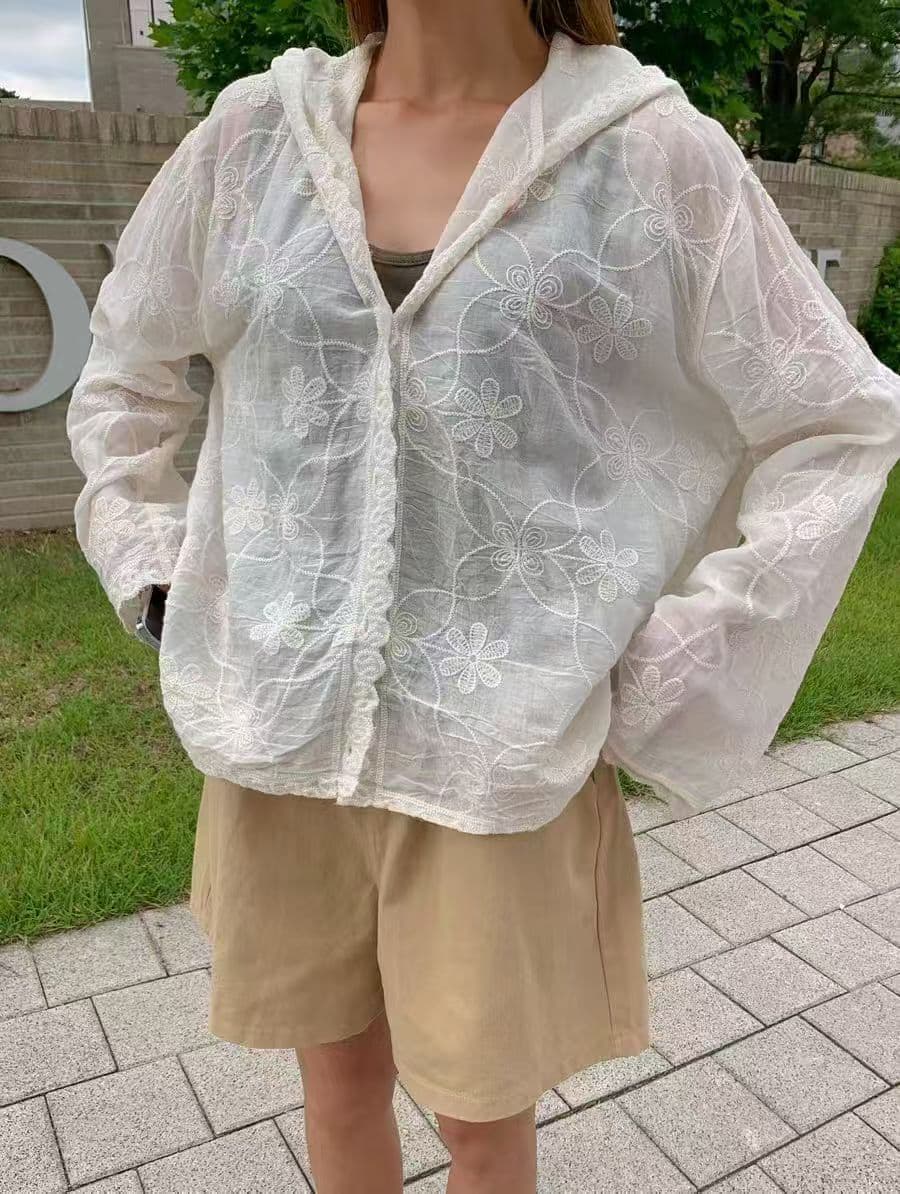 선물 화물 한 부서 무거운 작업 레이스 자수 후드 자외선 차단 여성 셔츠 루즈핏 봄 여름 가을 통기성 셔츠 맨위