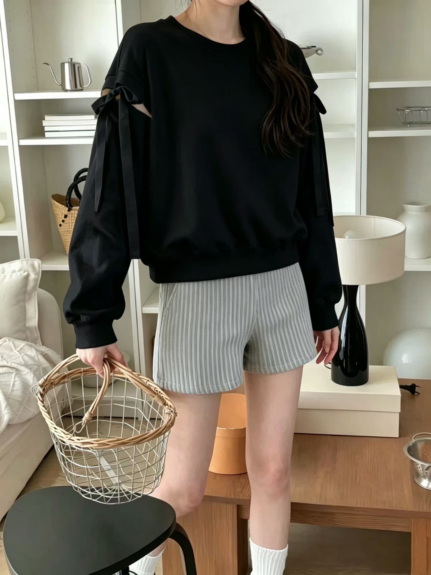 선물 화물 한국 동대문 나비 넥타이 탈착식 소매 후드티 상세 이미지 6