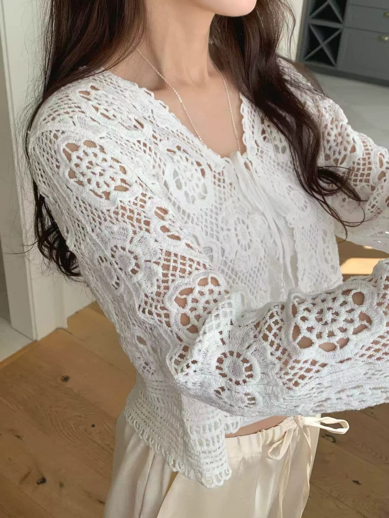 선물 화물 한국 동대문 홀로우 아웃 짜임 니트 카디건 코트 상세 이미지 3