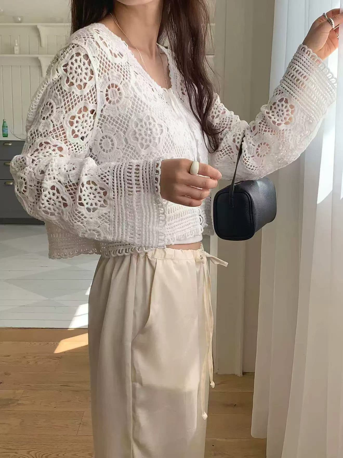 선물 화물 한국 동대문 홀로우 아웃 짜임 니트 카디건 코트 상세 이미지 4