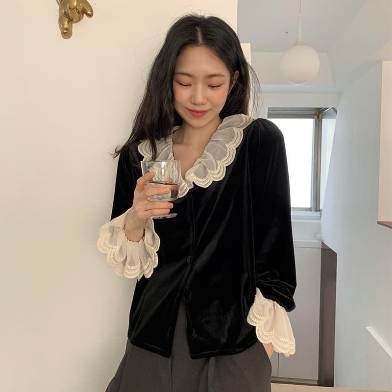 선물 화물 벨벳 레이스 칼라 거품 소매 여성 셔츠 한국 동대문 배색 패치워크 베이비 칼라 만나는 맨위