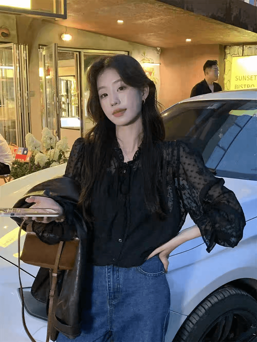 선물 화물 프릴 레이스업 루즈핏 자수 레이스 살구 색상 셔츠 맨위 여성 경기 슬립 이미지 4