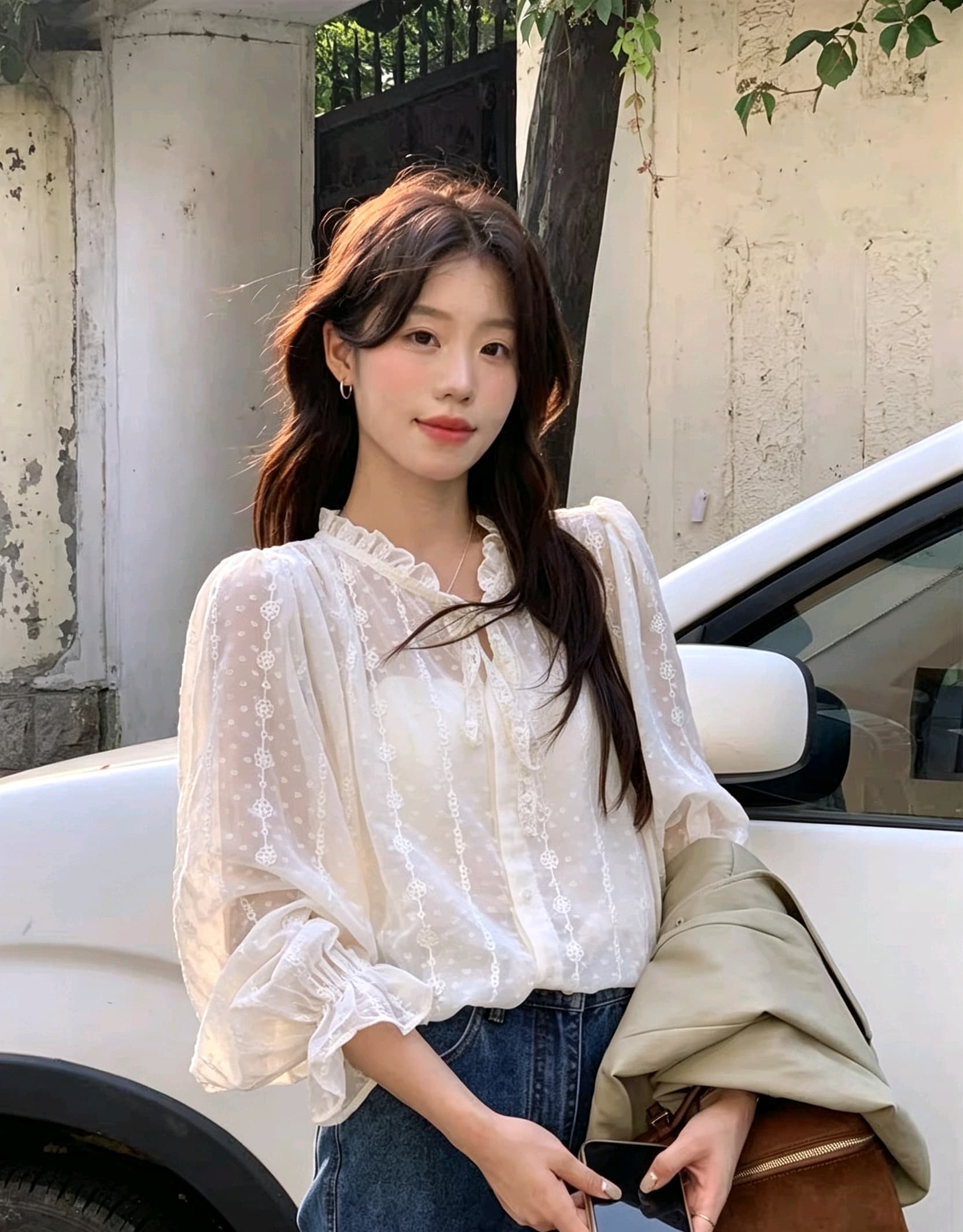 선물 화물 프릴 레이스업 루즈핏 자수 레이스 살구 색상 셔츠 맨위 여성 경기 슬립 상세 이미지 1
