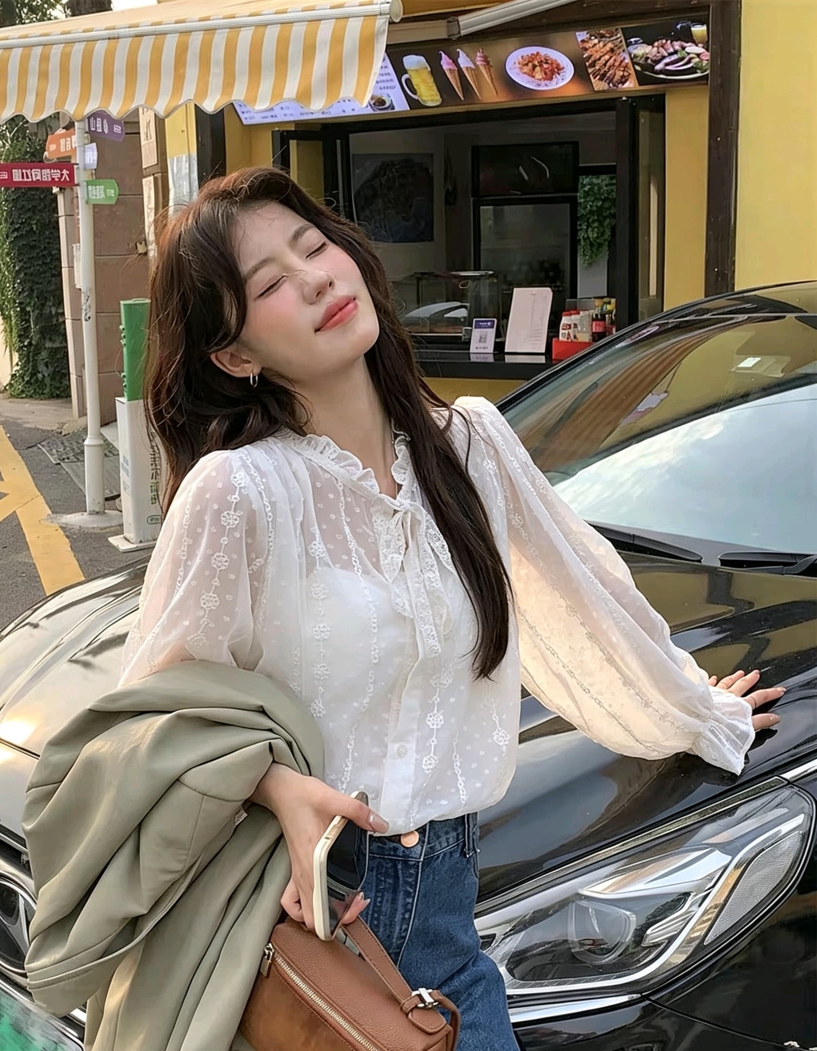 선물 화물 프릴 레이스업 루즈핏 자수 레이스 살구 색상 셔츠 맨위 여성 경기 슬립 상세 이미지 2