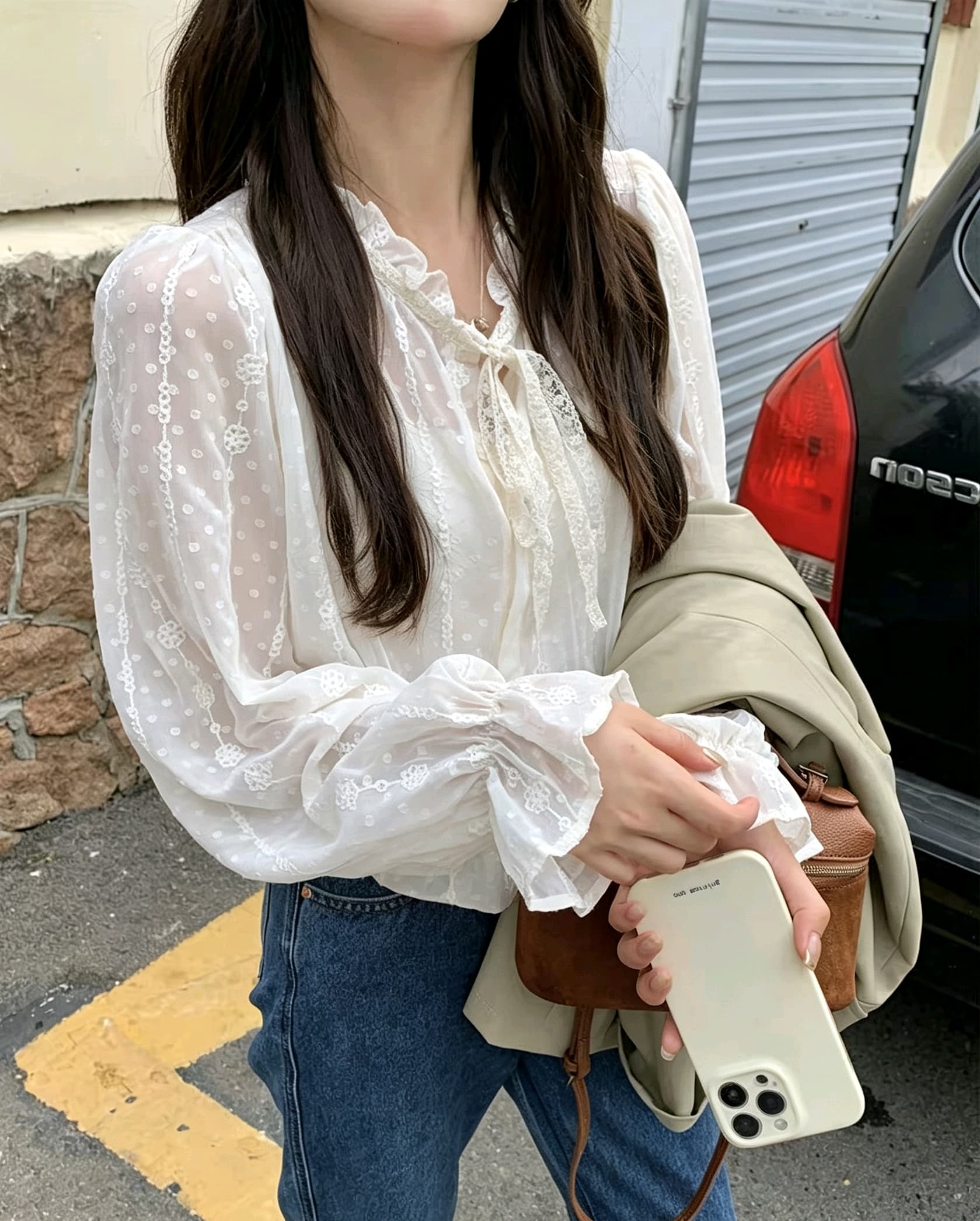 선물 화물 프릴 레이스업 루즈핏 자수 레이스 살구 색상 셔츠 맨위 여성 경기 슬립 상세 이미지 3