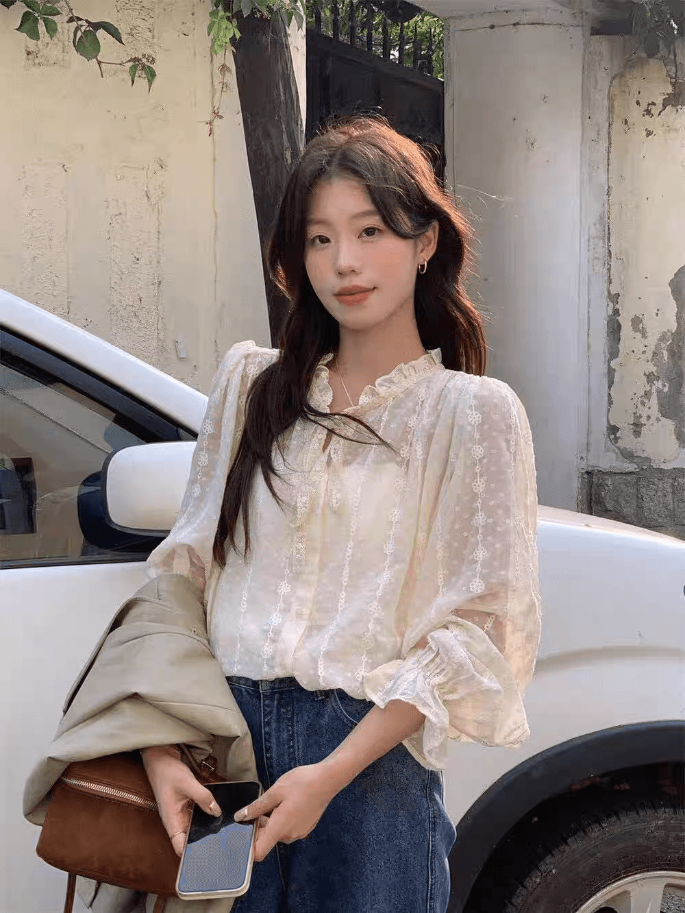 선물 화물 프릴 레이스업 루즈핏 자수 레이스 살구 색상 셔츠 맨위 여성 경기 슬립 상세 이미지 6