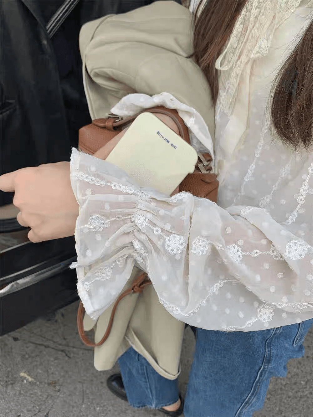 선물 화물 프릴 레이스업 루즈핏 자수 레이스 살구 색상 셔츠 맨위 여성 경기 슬립 상세 이미지 11