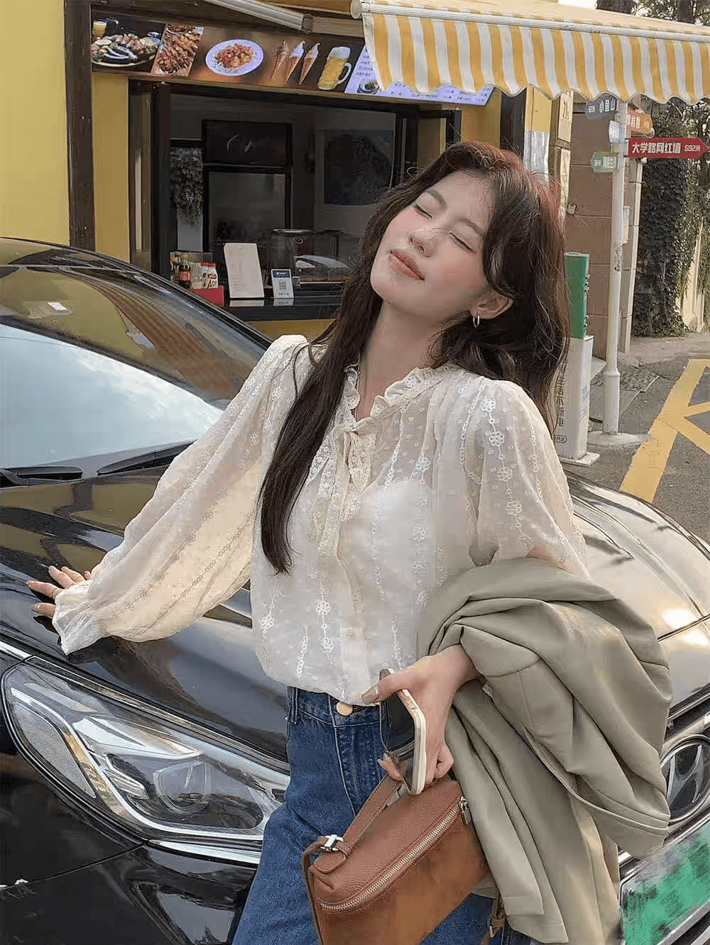 선물 화물 프릴 레이스업 루즈핏 자수 레이스 살구 색상 셔츠 맨위 여성 경기 슬립 상세 이미지 13