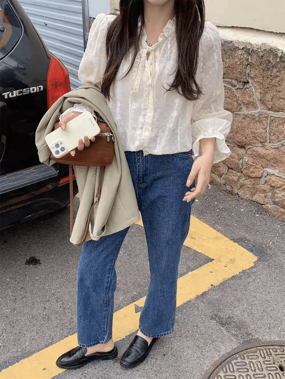 선물 화물 프릴 레이스업 루즈핏 자수 레이스 살구 색상 셔츠 맨위 여성 경기 슬립 상세 이미지 14