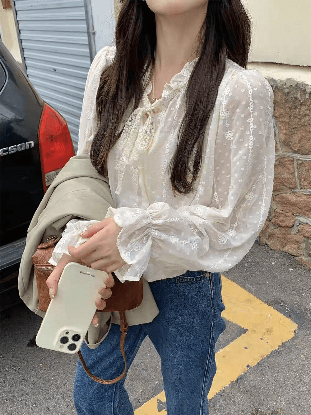 선물 화물 프릴 레이스업 루즈핏 자수 레이스 살구 색상 셔츠 맨위 여성 경기 슬립 상세 이미지 15