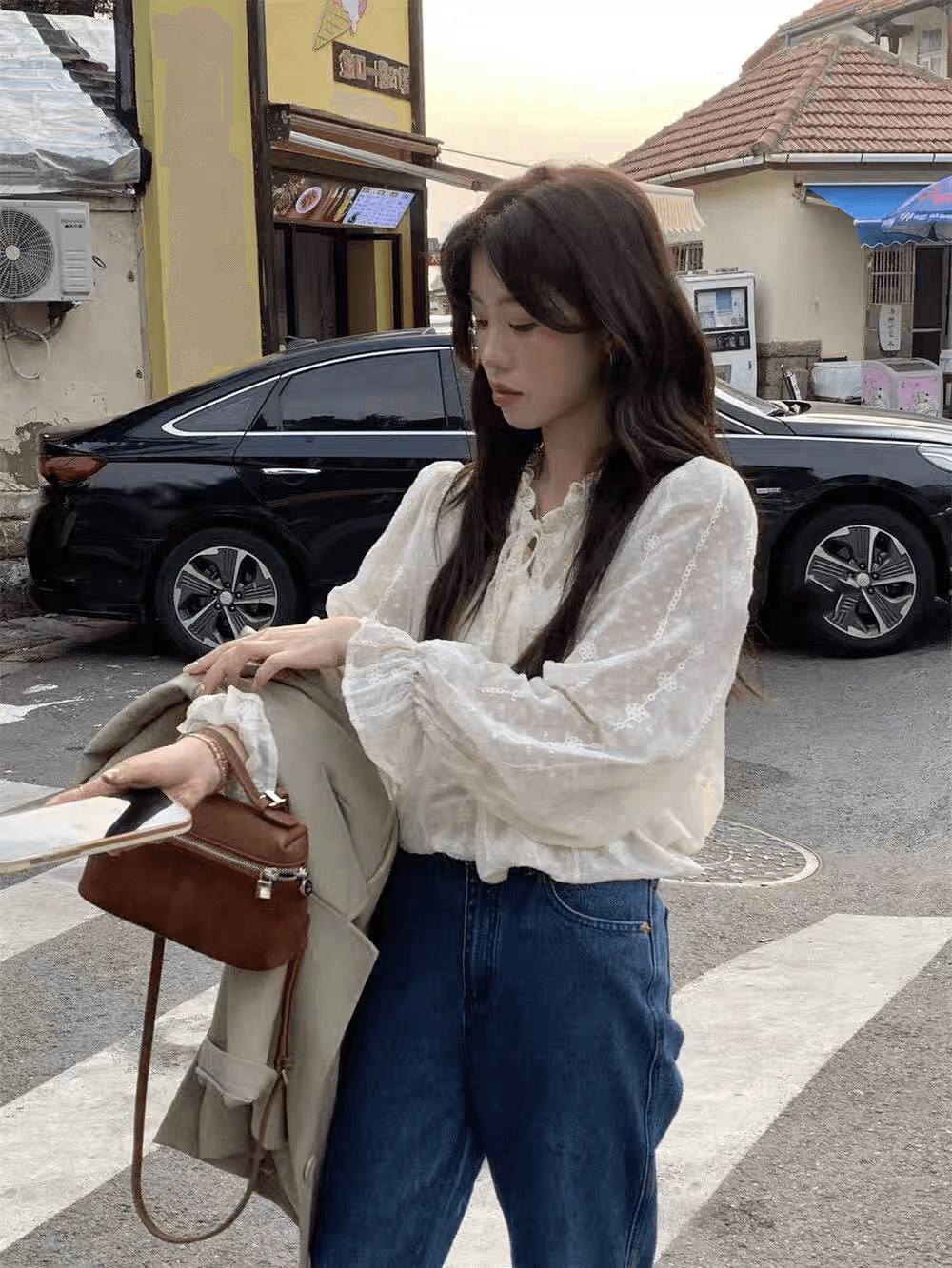 선물 화물 프릴 레이스업 루즈핏 자수 레이스 살구 색상 셔츠 맨위 여성 경기 슬립 상세 이미지 16