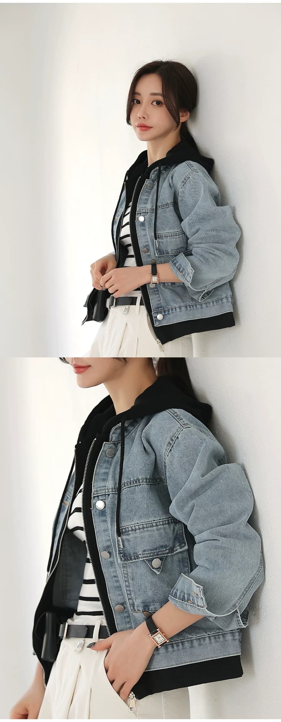 선물 화물 한 부서 고유 한 슈퍼 잘 생긴 데님 재킷 캐주얼 맨위 페이크 레이어드 후드 티 스웨터 긴팔 재킷 상세 이미지 2