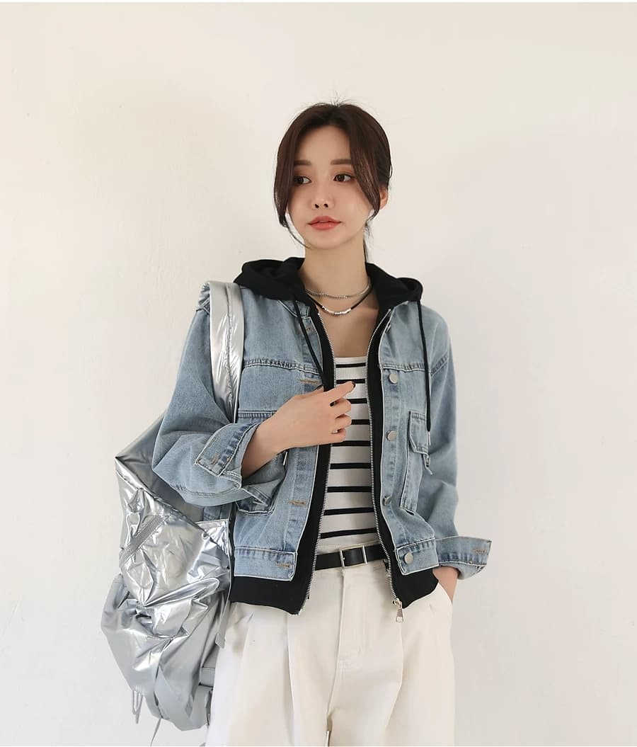 선물 화물 한 부서 고유 한 슈퍼 잘 생긴 데님 재킷 캐주얼 맨위 페이크 레이어드 후드 티 스웨터 긴팔 재킷 상세 이미지 4