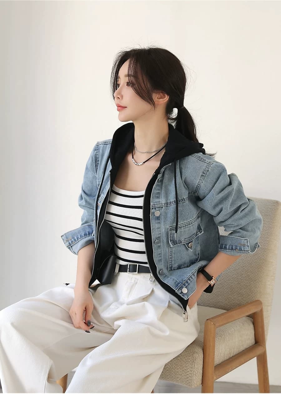 선물 화물 한 부서 고유 한 슈퍼 잘 생긴 데님 재킷 캐주얼 맨위 페이크 레이어드 후드 티 스웨터 긴팔 재킷 상세 이미지 9