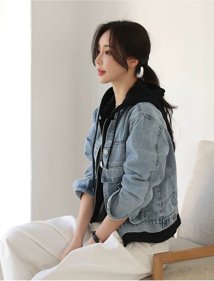 선물 화물 한 부서 고유 한 슈퍼 잘 생긴 데님 재킷 캐주얼 맨위 페이크 레이어드 후드 티 스웨터 긴팔 재킷 상세 이미지 16