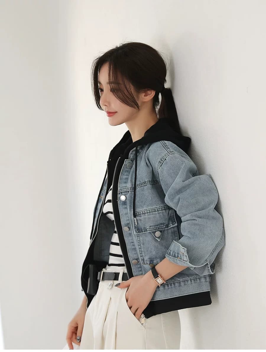 선물 화물 한 부서 고유 한 슈퍼 잘 생긴 데님 재킷 캐주얼 맨위 페이크 레이어드 후드 티 스웨터 긴팔 재킷 상세 이미지 20
