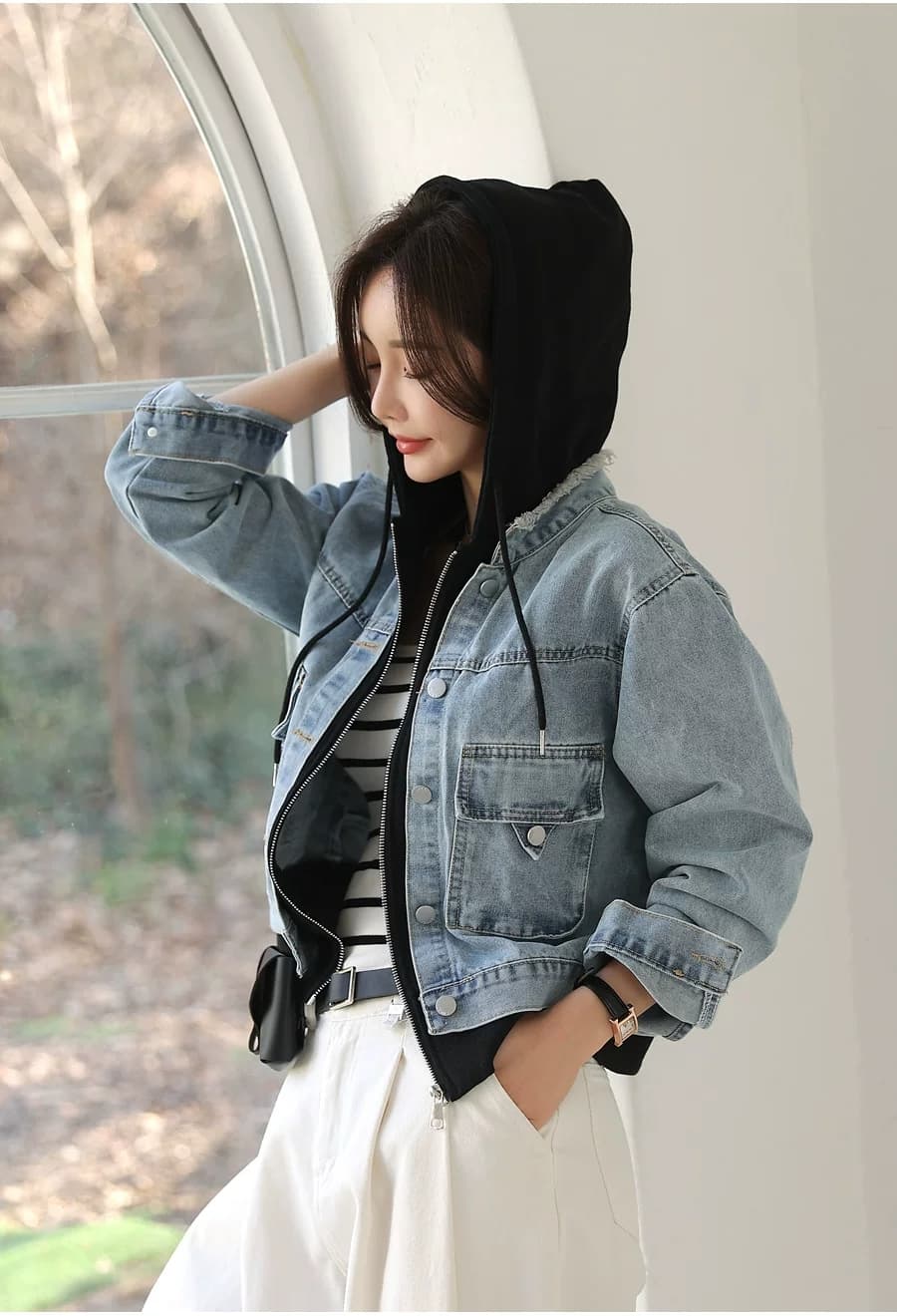 선물 화물 한 부서 고유 한 슈퍼 잘 생긴 데님 재킷 캐주얼 맨위 페이크 레이어드 후드 티 스웨터 긴팔 재킷 상세 이미지 24