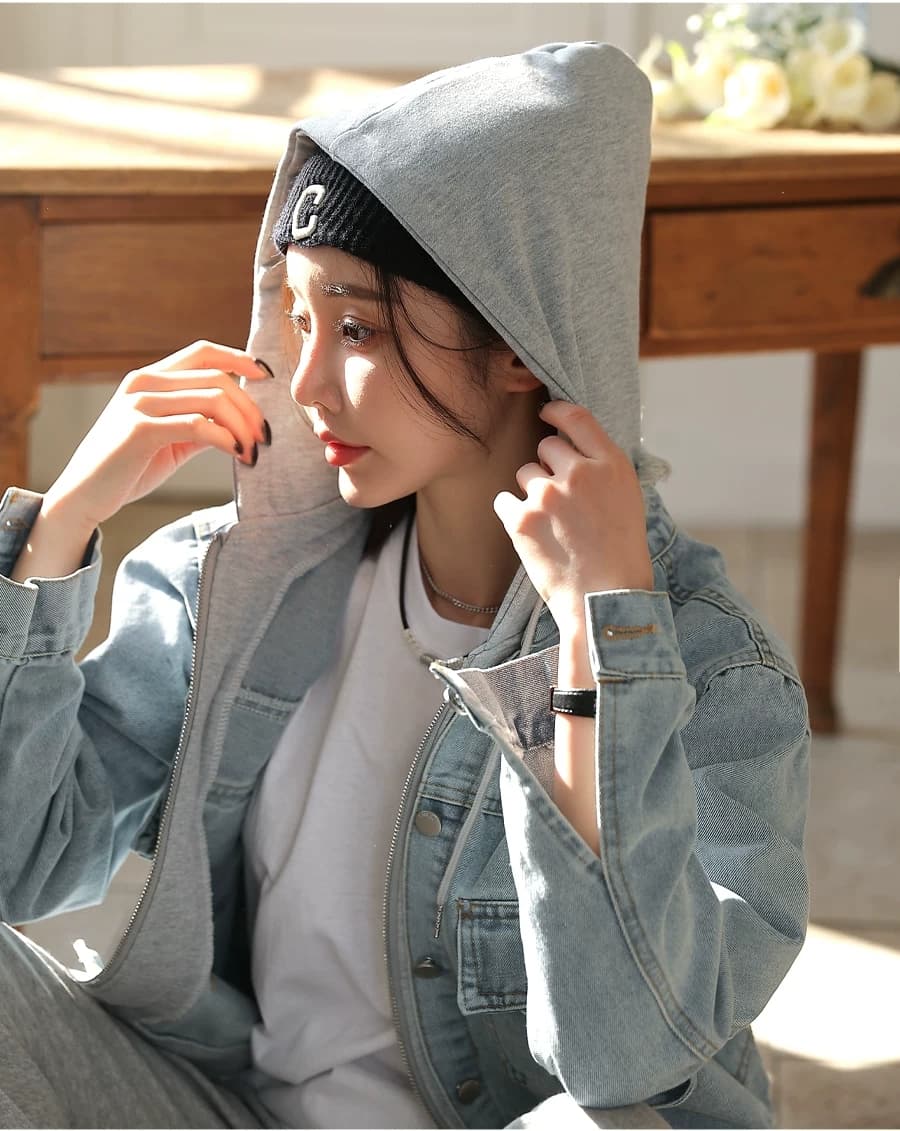 선물 화물 한 부서 고유 한 슈퍼 잘 생긴 데님 재킷 캐주얼 맨위 페이크 레이어드 후드 티 스웨터 긴팔 재킷 상세 이미지 30