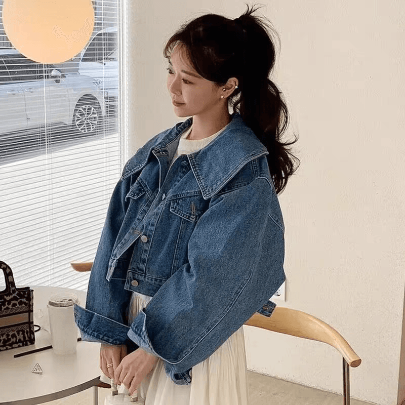 선물 화물 한국 chic 연령 감소 베이비 칼라 루즈핏 캐주얼 다용도 긴팔 쇼트 스타일 데님 재킷 맨위 여성 이미지 2