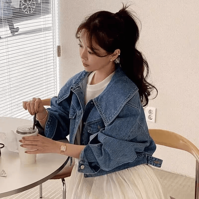 선물 화물 한국 chic 연령 감소 베이비 칼라 루즈핏 캐주얼 다용도 긴팔 쇼트 스타일 데님 재킷 맨위 여성 이미지 3