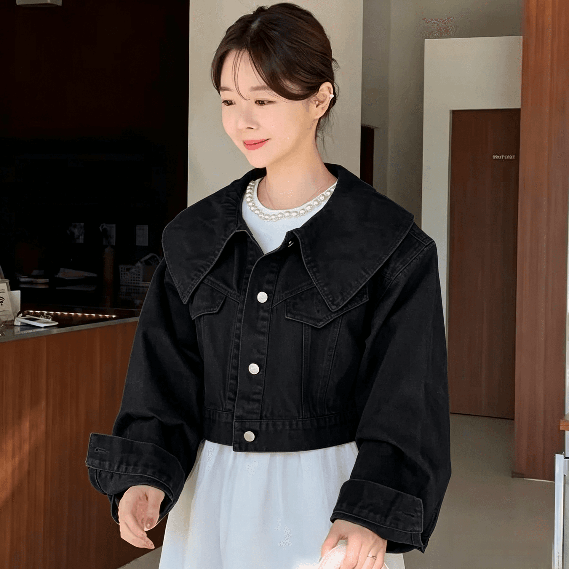 선물 화물 한국 chic 연령 감소 베이비 칼라 루즈핏 캐주얼 다용도 긴팔 쇼트 스타일 데님 재킷 맨위 여성 이미지 5