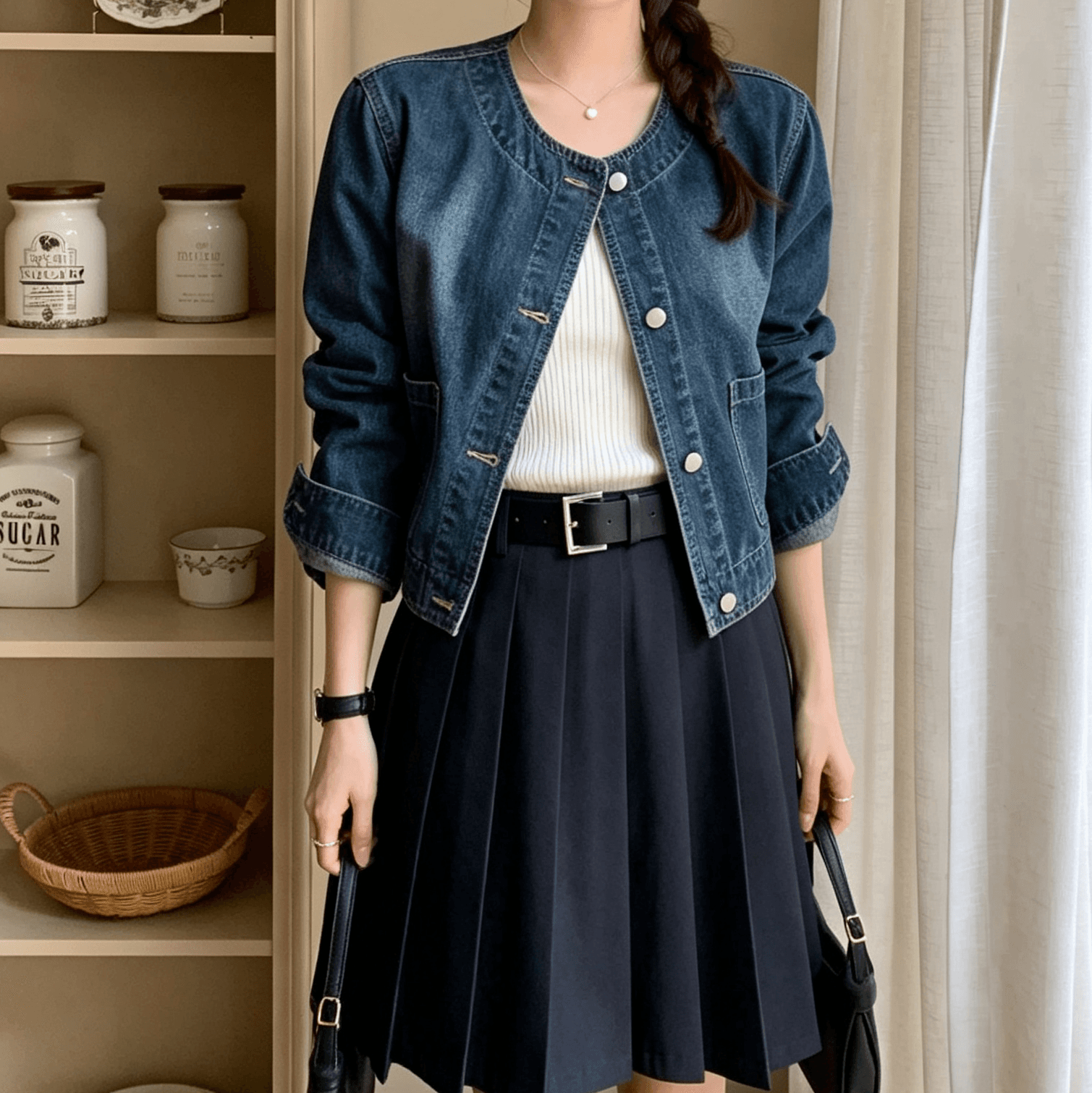 선물 화물 한국 chic 레트로 품격 미니멀리즘 라운드 넥 싱글 줄 버튼 루즈핏 데님 짧은 여성 코트 이미지 3