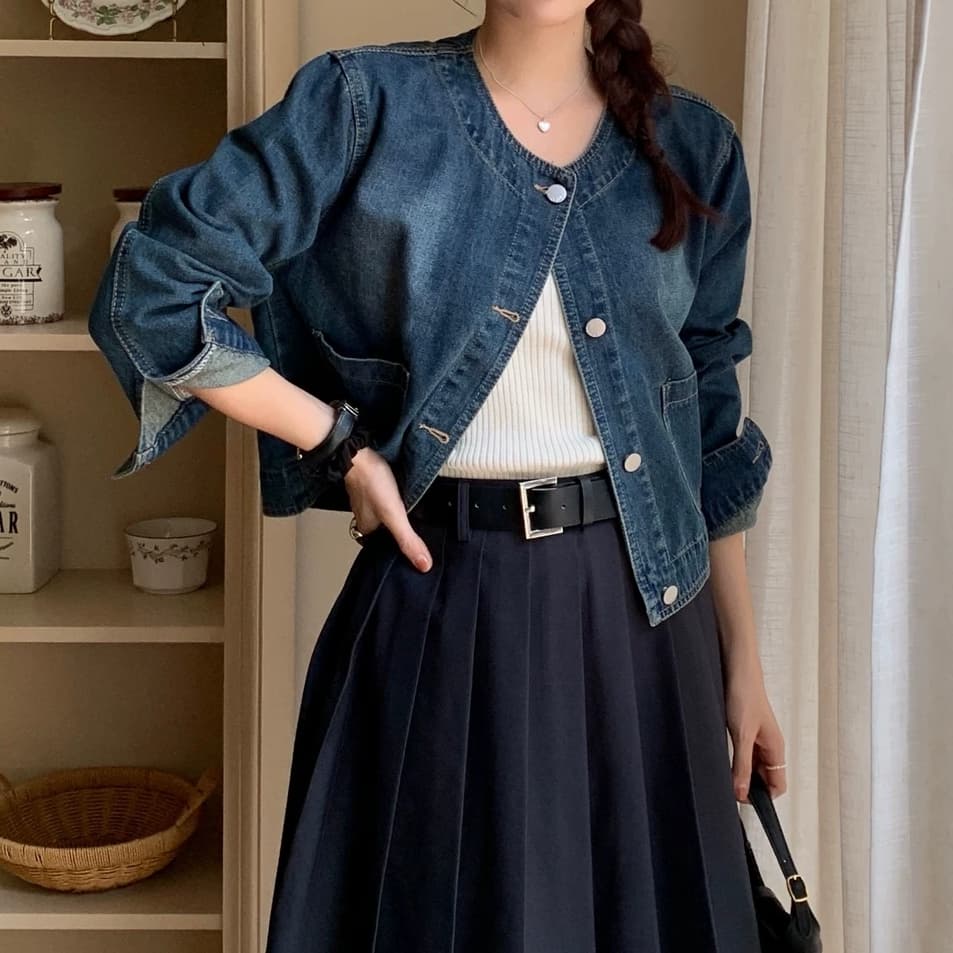 선물 화물 한국 chic 레트로 품격 미니멀리즘 라운드 넥 싱글 줄 버튼 루즈핏 데님 짧은 여성 코트 상세 이미지 7