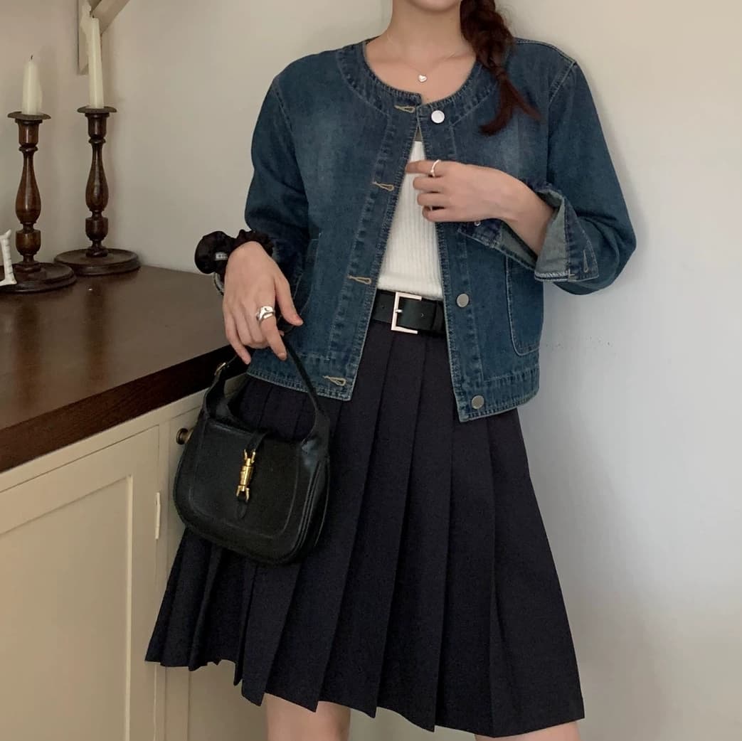 선물 화물 한국 chic 레트로 품격 미니멀리즘 라운드 넥 싱글 줄 버튼 루즈핏 데님 짧은 여성 코트 상세 이미지 9