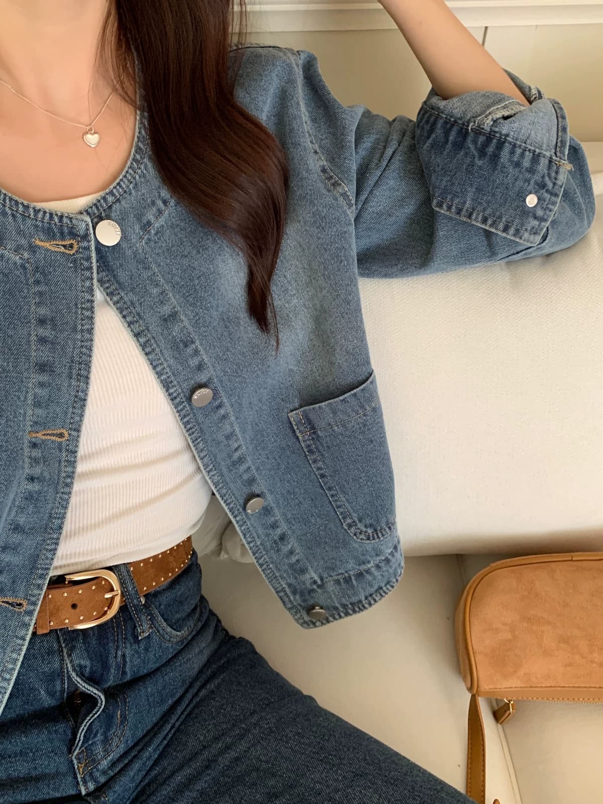 선물 화물 한국 chic 레트로 품격 미니멀리즘 라운드 넥 싱글 줄 버튼 루즈핏 데님 짧은 여성 코트 상세 이미지 14
