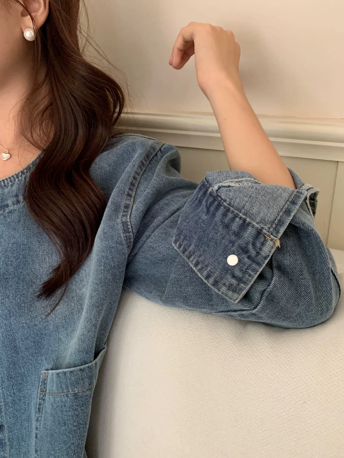 선물 화물 한국 chic 레트로 품격 미니멀리즘 라운드 넥 싱글 줄 버튼 루즈핏 데님 짧은 여성 코트 상세 이미지 15